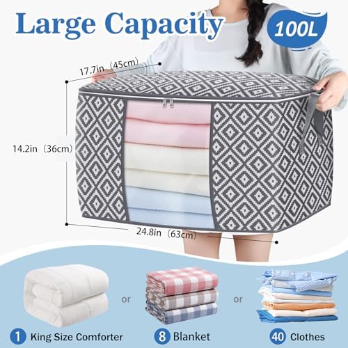 100L 4 Pack Storage Bags, Foldable Clothes Bins with Clear Window, Gray | Blanket Storage Containers with Reinforced Handles for Bedding, Comforters, Clothing, Quilts and Closet Organization - Image 2