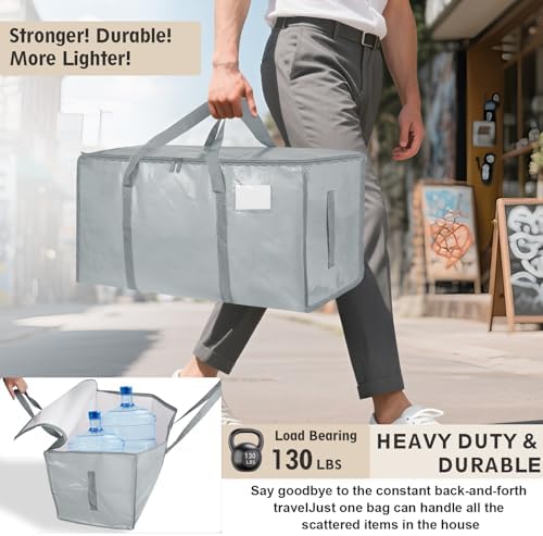 12 Pack-Extra Large Heavy Duty Moving Bags - Waterproof Storage Totes with Handles & Zippers, Foldable for College Dorm, Storage (light gray) - Image 3
