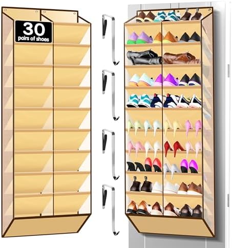 Kotkn 10-Tier Over the Door Shoe Organizer, 20 Pockets Holds 20-30 Pairs, Heavy-Duty Oxford Fabric with Hexagon Mesh for Boots & Sneakers, Beige by Unknown