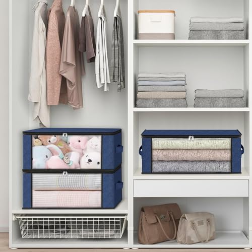 HomeHacks 3-Pack Clothes Organizer Storage Bags, 35L Storage Bins, Blue | Foldable Storage Box Container with Zippers, Clear Window, Reinforced Handles for Closet, Dorm, Pillows, Bedding, Sweater - Image 6