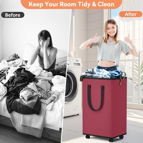 SpaceTrove Rolling Laundry Basket with Wheels, Laundry Hamper, 80L, Red - Image 5