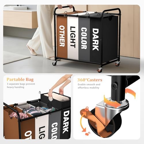 Laundry Sorter 4 Sections 48 Gal, Rolling Laundry Basket with Wheels ＆ Lid - Image 5