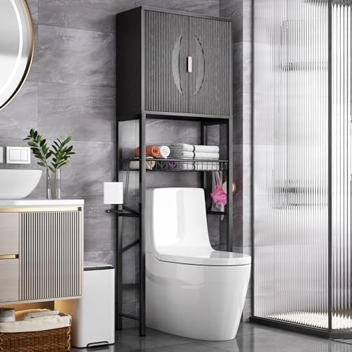 Kalrin Over The Toilet Storage Cabinet with Fluted Wave Doors and Adjustable Shelf, Wood Over Toilet Storage Rack with Drain Basket, Freestanding Bathroom Organizer for Balcony Laundry, Pure Black by Kalrin