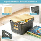 Bagnizer 2 Pack Tall Plastic Storage Bins with Bamboo Lids, 10.8qt Stackable Storages Baskets for Organizing Desktop Closet Playroom Classroom Office, 12"L x 8.3"W x 6.1"H, Gray - Image 2