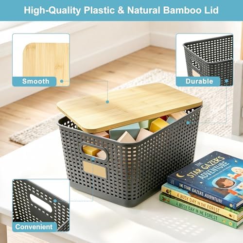 Bagnizer 2 Pack Tall Plastic Storage Bins with Bamboo Lids, 10.8qt Stackable Storages Baskets for Organizing Desktop Closet Playroom Classroom Office, 12"L x 8.3"W x 6.1"H, Gray - Image 2