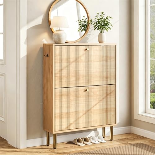 Shoe Storage Cabinet for Entryway - Ultra Slim Shoe Cabinet with Tiered Fluted Design - Modern Shoe Organizer for Entryway with Gold Legs, Hidden Shoe Rack for Small Spaces, Fits Men's Size 12+ by Nicetree