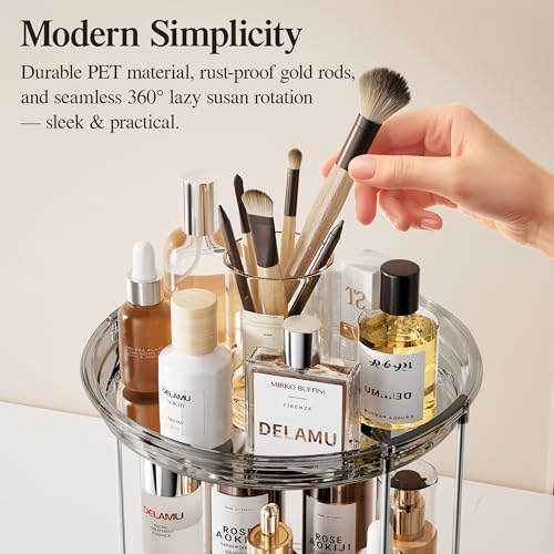 Delamu 2 Tier Rotating Makeup Organizer for Vanity, Skincare Organizer for Bathroom Counter, Spinning Perfume Organizer Cosmetic Holder with Large Capacity, Grey - Image 7