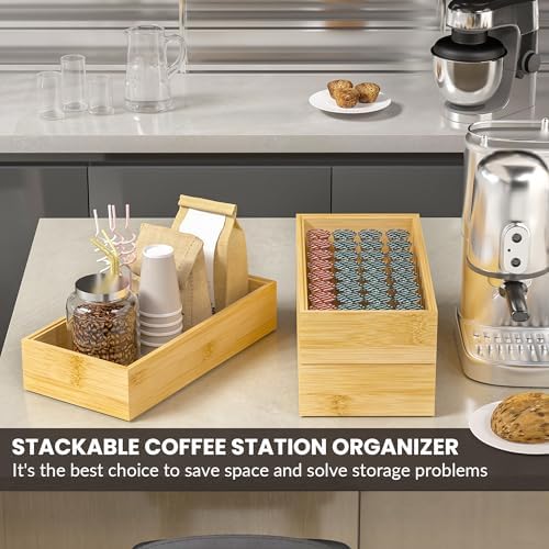 Kitchen Drawer Organizer Bins, Stackable Bamboo Drawer Organizer for Silverware, Flatware, Coffee Pod Organizer K Cup Holder for Countertop, 2 Pcs Coffee Station Organizer 12" x 6" x 2.5" - Image 3