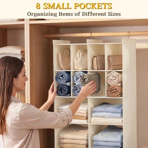 4 Tier Hanging Closet Organizer, 12 Compartments Dual Row Storage, Beige | Closet Organizers and Storage with Large & Small Cubbies, 3 Sturdy Hooks Support Heavy Loads, for Dorm, RV, Garment Rack - Image 5