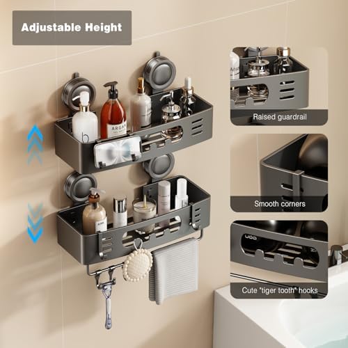 Voldra Shower Caddy Suction Cup, Shower Shelves for Inside Shower No Drilling, Aluminum Suction Showers Organizer for Wall with Towel Bar & Hooks Removable Bathroom Storage Rack(1 Pack-Gray) - Image 2