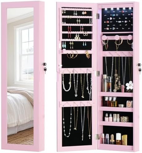Full Length Mirror Jewelry Cabinet Organizer Lockable Door Wall-Mounted Jewelry Armoire with Shelves and Behind the Door Storage Pink by MASMIRE