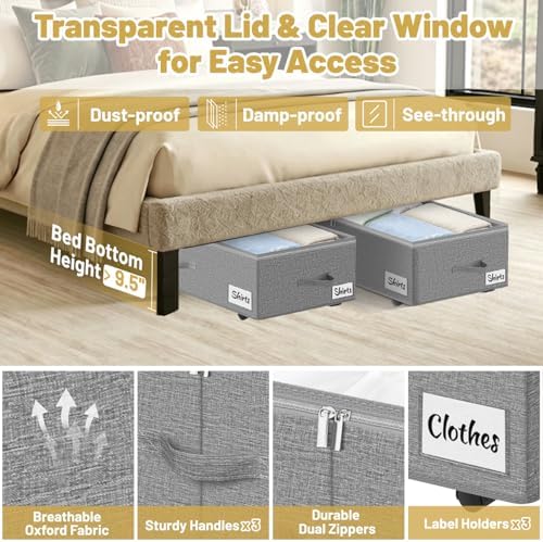 Under Bed Storage with Wheels, 2 Pack Underbed Storage Containers with Clear Lid & Label, XXL 75L Easy Assembly Rolling Under Bed Shoe Storage for Clothes, Shoes, Blankets, Gray(28.3 X 16.5 X 9.5 in) - Image 5