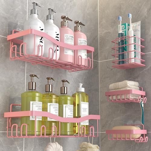 Youvip Adhesive Shower Caddy, No Drilling Bath Organizers 5 Pack, Rustproof Shelves with Soap Holder & Toothbrush Holder, Pink Bathroom Accessories Decor Set by YOUVIP