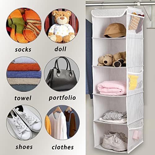 BrilliantJo 5 Shelves Hanging Closet Organizer, 2 Pack Hanging Storage with 6 Side Pockets for Clothes Shoes, 43"x12"x12"(Strip) - Image 4