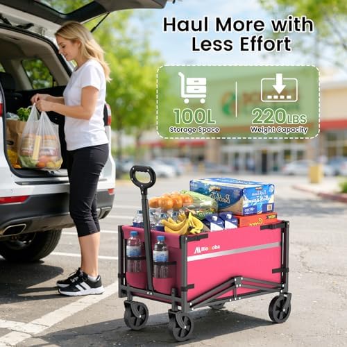 Blomoba Collapsible Wagon Cart, 220LBS Utility Wagon with Wheels, Pink - Image 2