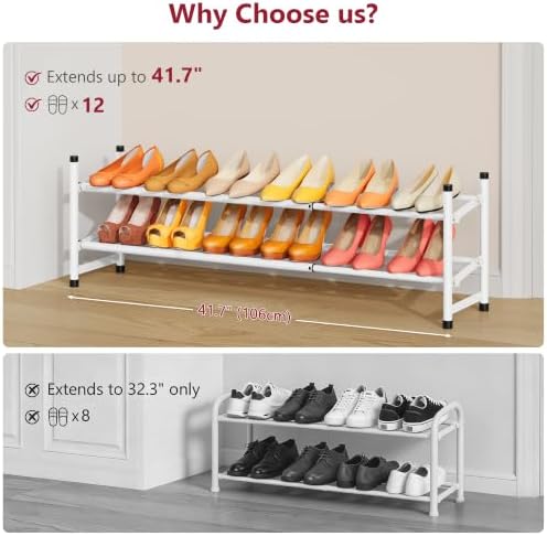 Tajsoon Expandable Shoe Rack for Closet 2 Tier, 28“-41“Stackable, White - Image 3