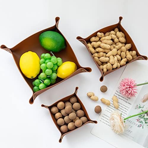 3 packs PU Leather Tray in 3 Sizes Jewelry Tray Glossy Leather Desk Organizer Leather Catchall Tray for Jewelry/Key/Coin/Sun Glasses/Watch/USB Cables etc. (brown) - Image 3