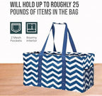 Extra Large Utility Tote Bag, Oversized Collapsible Reusable Wire Frame Rectangular Canvas Basket With Two Exterior Pockets For Beach, Pool, Laundry, Car Trunk, Storage - Chevron Navy - Image 5