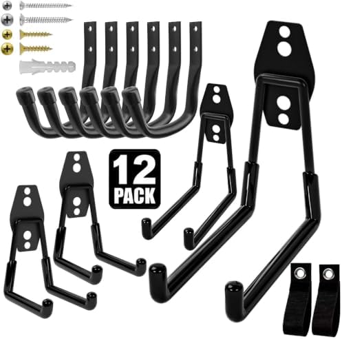 Heavy Duty Wall Garage Hooks, Steel Anti-Slip Utility Hooks Storage Organization Hangers for Ladders, Bikes, Hose, Garden Tools, Coats, Bags with Mounting Hardware Kit (Black, 12 Pack) by Unknown