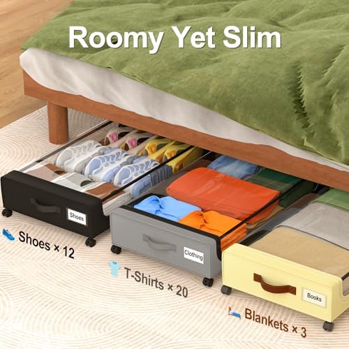 GoMaihe Under Bed Storage with Wheels 48L Beige 2-Pack | Underbed Storage Containers with Lids Rolling Bins for Shoes Clothes in Dorm Bedroom - Metal Drawers Easy Pull-out - Image 5
