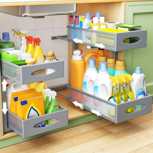 1 Pack Under Sink Organizer, 2 Tier Pull out Cabinet Organizer Mesh Baskets with 5 Adjustable Heights, Sliding Drawers Storage Shelf for Home, Kitchen, Bathroom, Pantry, Office, Countertop ,Grey by Kitstorack