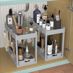 2PC Under Sink Organizer Rack 2 Tier Under Sliding Cabinet Basket Organizer Drawer with 4 Hooks, Multi-purpose Under Sink Storage for Bathroom Kitchen Desktop（Grey） - Image 5
