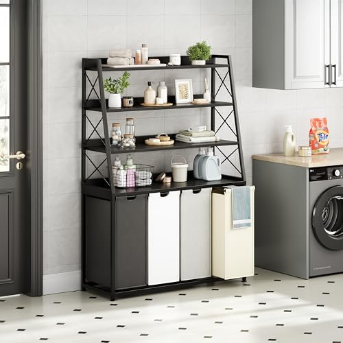 Herture Laundry Basket, 4 Section Laundry Hamper with 4 Tiers Shelf, Pull-Out and Removable Laundry Bags, Large 4 x 15.87 Gallons, for Laundry Room Bathroom Black PF12XLK - Image 2