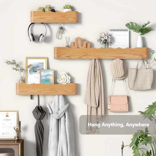 Wooden Wall Mounted Coat Rack with Shelf and Hidden Metal Hooks - Image 4