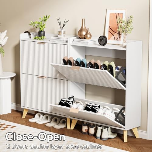 Slim Shoe Storage Cabinet for Entryway, 2 Flip Drawers Wooden Organizer with Fluted Panel, Secure Fence Top for Plants & Decor, Hidden Shoe Storage for Hallway & Foyer (White) - Image 5