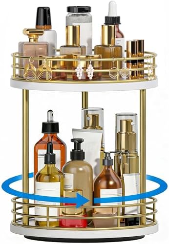 2-Tier Rotating Bathroom Countertop Organizer, Wooden Makeup Vanity Storage, Multifunctional Lazy Susan Turntable for Skincare, Perfume and Cosmetics (White-Gold) by Yelinkws