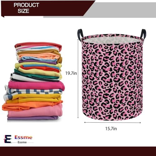 ESSME Laundry Basket,Pink Hamper Collapsible Canvas Waterproof Storage Bin, Leopard Print Hamper,Gift Baskets(Pink leopard print) - Image 2