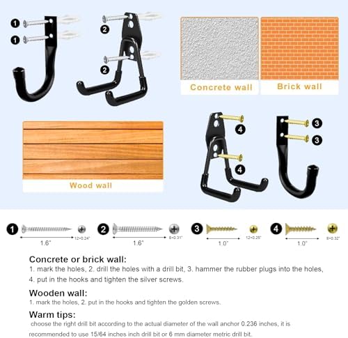 Heavy Duty Wall Garage Hooks, Steel Anti-Slip Utility Hooks Storage Organization Hangers for Ladders, Bikes, Hose, Garden Tools, Coats, Bags with Mounting Hardware Kit (Black, 12 Pack) - Image 6