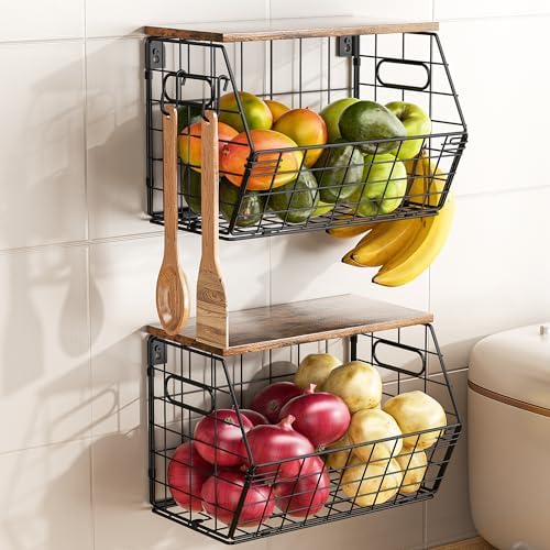 Delamu Stackable Metal Fruit Basket with Wood Lid 2 Pack, Hanging Wall Organizer for Kitchen Counter, Pantry Storage for Onions, Potatoes, Garlic, Fruits, Spices, Black - Image 2