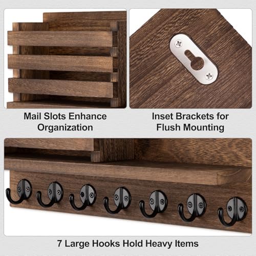 Lwenki Key Holder for Wall – Decorative Wooden Mail Holder and Key Shelf with Mounting Hardware, Installation Guide – Paulownia Wood with Metal Key Hooks (Brown, Extra Large - 15.6inch) - Image 2