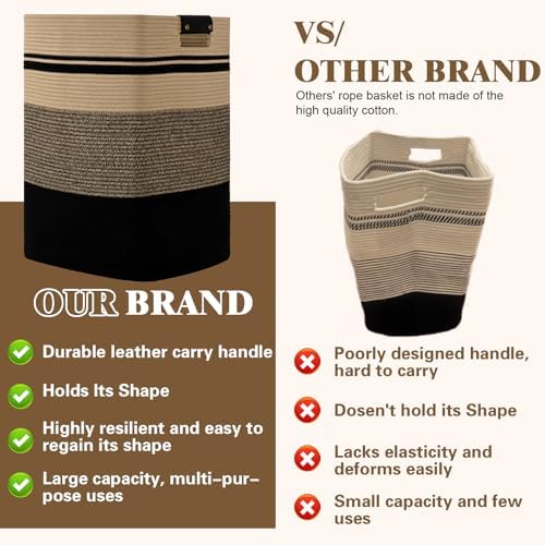 Laundry Hamper, 95L Tall Laundry Basket with Leather Handles, Rectangle Large Clothes Hamper for Organizing, Cotton Woven Laundry Baskets Storage Hampers for Bedroom, Nursery, Living Room - Image 5