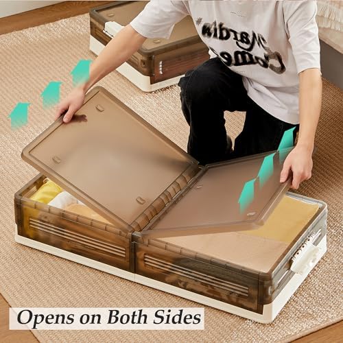VECELO Under Bed Storage with Wheels, 2 Pack Stackable Under Bed Storage Containers, Underbed Storage Containers with Lids, Plastic Foldable Folding Box for Clothes Shoes, Grey - Image 2