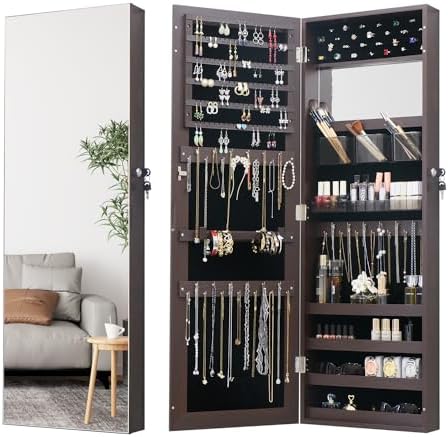 Full Length Mirror Jewelry Cabinet Organizer for Makeup and Jewelry, Lockable Door Wall-Mounted Jewelry Armoire with Shelves and Behind-the-Door Storage Rustic Brown by MASMIRE