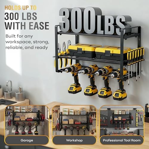 3-Layer Power Tool Organizer Wall Mount, Garage Wall Tool Organizer with Drill Holder, Heavy Duty Metal Shelf for Garage & Workshop - Image 6