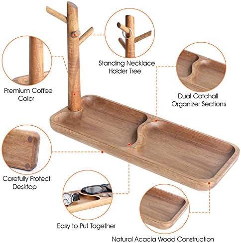 Wood Key Tray for Entryway Table, Jewelry Tray, Catchall Tray with 3 Stand Hanging Organizer, for Rings, Phone, Bracelets Watches - Image 2