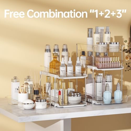 Delamu 2 Sets of 3-Tier Bathroom Under Sink Organizers and Storage, Multi-Purpose Stackable Pantry Organization and Storage, Pull Out Clear Kitchen Bathroom Cabinet Organizer with Movable Dividers - Image 5