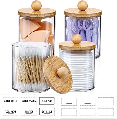 4 Pack Qtip Holder Dispenser with Bamboo Lids - 10 oz Clear Plastic Apothecary Jar Containers for Vanity Makeup Organizer Storage - Bathroom Accessories Set for Cotton Swab, Ball, Pads, Floss - Image 2