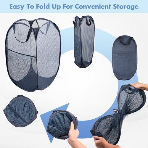 Pop Up Laundry Hamper, 70 L Collapsible Mesh Basket with Side Pocket, Blue - Image 5