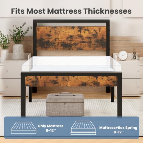 Sweetcrispy Twin 14 Inch Bed Frame with Wood Headboard, Rustic Brown - Image 6