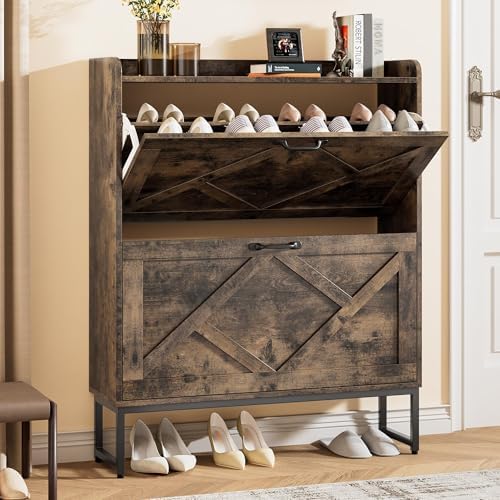 Nicetree Shoe Cabinet with 2 Flip Drawers, Entryway Organizer, Chestnut by Nicetree