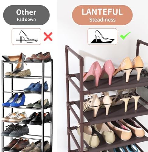 LANTEFUL 10 Tiers Tall Shoe Rack 20-25 Pairs Boots Organizer Storage Sturdy Narrow Shoe Shelf for Entryway, Closets with Hooks, Brown - Image 6