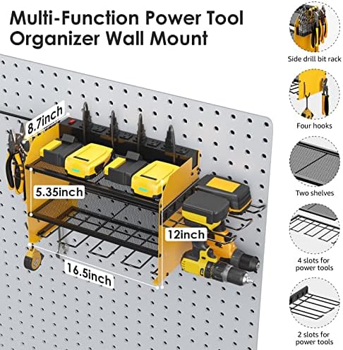 CCCEI Modular Power Tool Organizer Wall Mount Charging Station, Yellow 6 Drills Holder with 8 Plug Power Strip, Garage Drill Battery Heavy Duty Metal Shelf, Utility Rack with Hooks, Side Storage. - Image 5