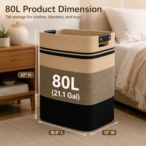Laundry Hamper, Cotton Rope Laundry Basket with Leather Handles, 21.1-Gallon/80 L Large Clothes Hampers for Laundry, Woven Laundry Baskets for Blankets, Clothing, Bedroom, Living Room, Nursery - Image 3