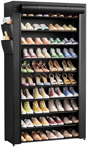 Kitsure 10-Tier Shoe Rack with Cover, Tall Shoe Shelf, 33" Wide, Black | Large Capacity Shoe Storage with Side Pocket, Shoe Organizer for Closet, Entryway, Bedroom, Zapateras Organizer by Kitsure