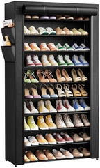 Kitsure 10-Tier Shoe Rack with Cover, Tall Shoe Shelf, 33" Wide, Black | Large Capacity Shoe Storage with Side Pocket, Shoe Organizer for Closet, Entryway, Bedroom, Zapateras Organizer by Kitsure