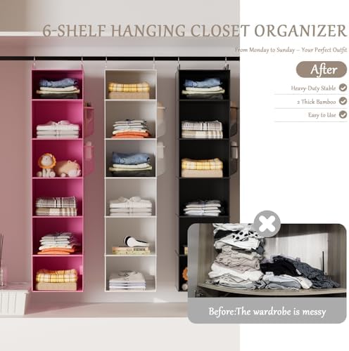 Hanging Closet Organizer and Storage with Bamboo Support, 6-Shelf Closet Hanging Storage Shelves, Closet Organizers Easy Mount Foldable for Bedroom - Image 6